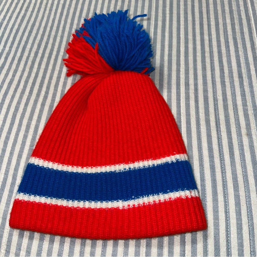 Vintage Aris Ski Beanie Red Blue White Pom Hat Retro Knit‎ Acrylic USA Made